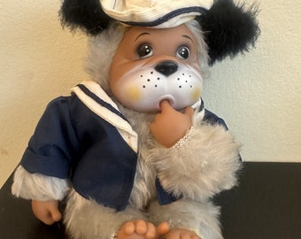 Vintage 80s Monchhichi-Style Bulldog Plush Toy with Sailor's Cap