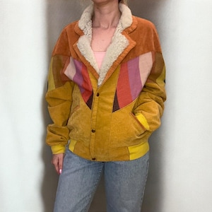 Vintage 90s Navajo Style Faux Shearling Jacket – Colorful Aztec Western Coat – Boho Faux Corduroy Jacket – Medium Size