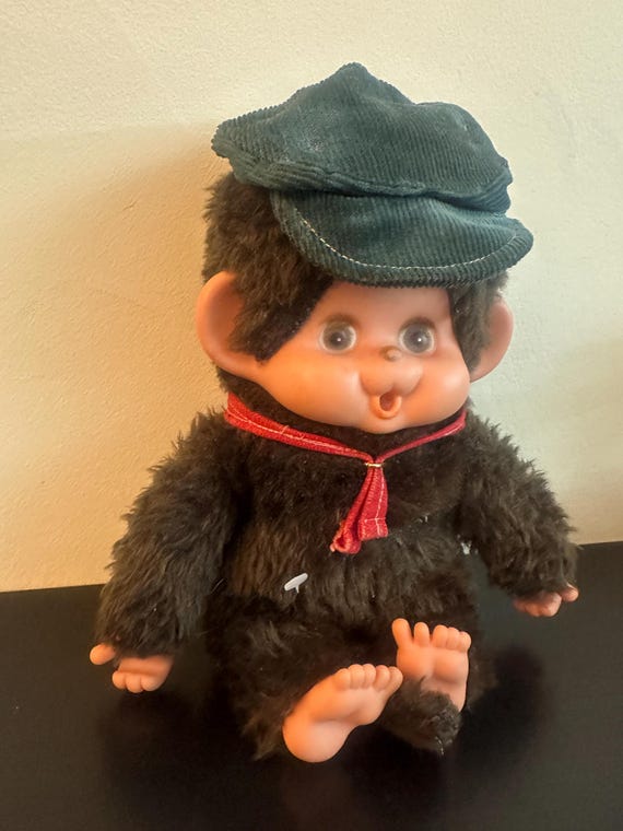 Vintage Monchhichi Style Plush Doll With Corduroy Hat – 1980s