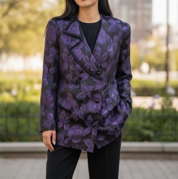 Vintage Purple Floral Jacquard Blazer | Double Breasted Statement Jacket | Elegant Evening Vintage