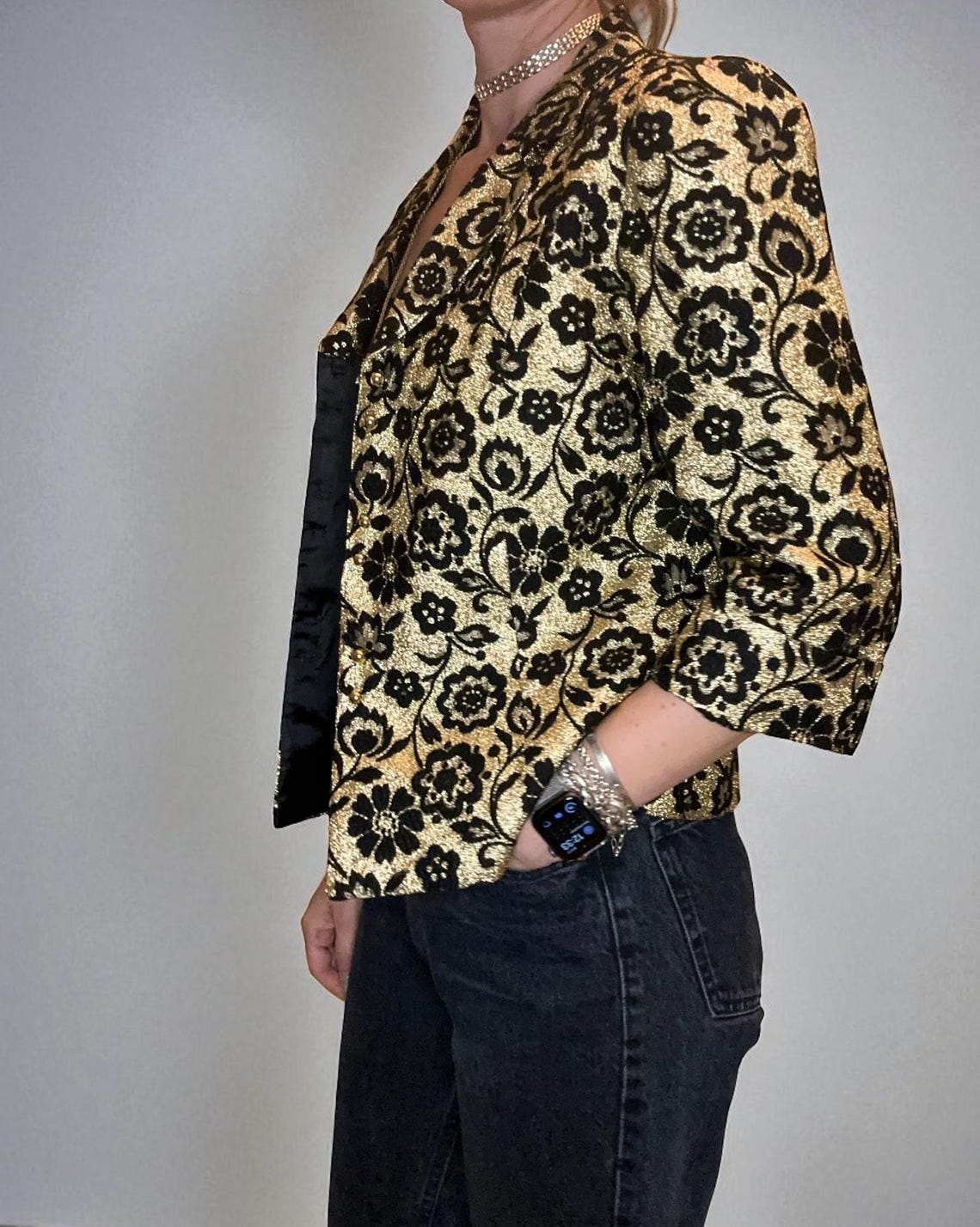 Vintage Metallic Gold & Black Floral Blazer 3/4 Sleeve Button-Up Women’s Jacket Shiny Floral 1980s Style, photo 4 sur 5
