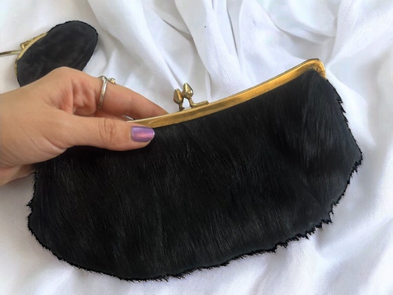 Vintage Black Fur Clutch Bag and Wallet Set - Ele… - image 2