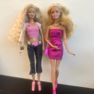 2 Vintage Barbie Dolls – Button Blast Barbie & Shiny Pink Dress Barbie