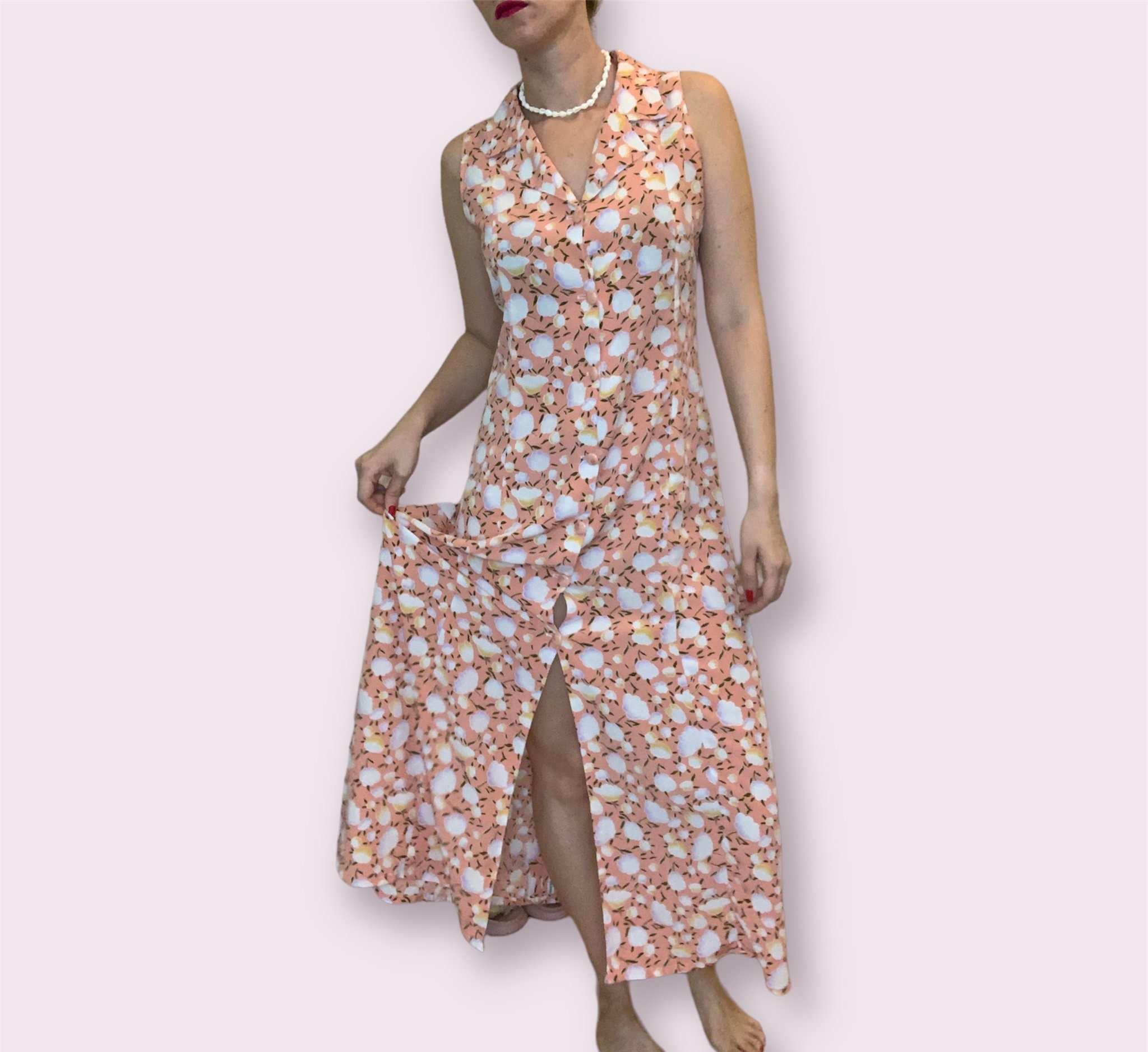 Salmon Pink Button Front Sleeveless Dress From 1970s - Etsy