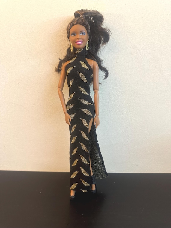 Articulated Nikki Barbie Doll in Black & Gold High-slit Gown  Collector or  Play Doll - Etsy