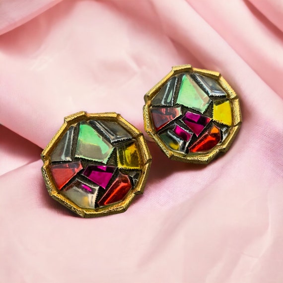 Vintage Clip-On Gold Holographic Multicolor Women… - image 1