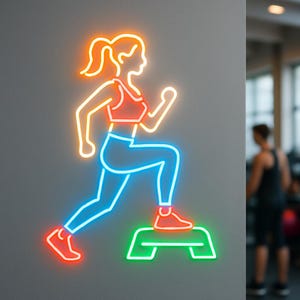 May include: A neon sign featuring a stylized figure in motion, stepping onto a platform. The figure is outlined in bright orange and blue neon tubing, while the platform is illuminated in green. The design depicts a person exercising.