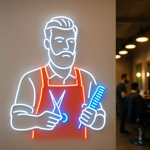以下が含まれることがあります： 髭を生やした人物がエプロンを着用し、片手にハサミ、もう片方の手に櫛を持っている様子を描いたネオンサイン。人物の輪郭は白、エプロンはオレンジ、櫛は青色で、壁に取り付けられている。
