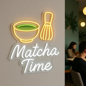 Insegna al neon per bar Matcha. Luce da caffetteria. Insegna a LED con tazza di matcha e frusta per matcha. Decorazione al neon "Matcha Time".