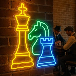 Chess Neon Sign. Chess Pieces, Piece Combinations, Chess club, Chess classes, Chess tournament. LED Chess Club Decor.