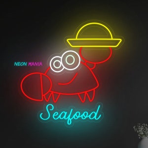 Seafood Neon Leuchtreklame: Das perfekte Schild für ein Seafood Restaurant. Krabbe mit Teller Led Neon
