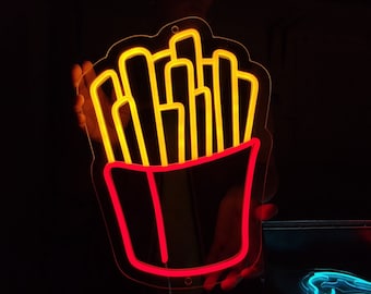 French fries neon sign, fried potato chips neon light, french fries in a bag led light, fast food, street food led sign