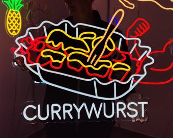 Currywurst Leuchtreklame, Würstchen in Tomatensoße LED-Licht, deutsche Küche Leuchtreklame, scharfes Essen LED-Schild, benutzerdefiniertes Essen Schild