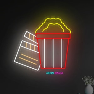 Popcorn Neon Sign: Movie Time. Cinema Light Sign. Popcorn Bucket Led Light