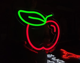 Apple neon sign, fruit led light for cafe decor, custom apple with a leaf neon light sign