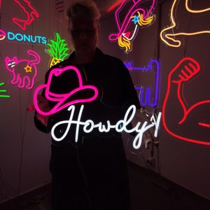 Howdy Neon Sign, Led Cowboy Hat Sign, Western Led Sign, North American ...