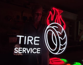 Tire service neon sign, car wheel with fire led light, car service neon led, car wheel light sign, custom sign for tire service, tire neon