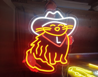 Cat in a cowboy hat neon sign, cowboy cat led sign, western decor led light, cowboy hat neon light, cowboy party decor