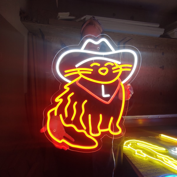 Cat in a cowboy hat neon sign, cowboy cat led sign, western decor led light, cowboy hat neon light, cowboy party decor