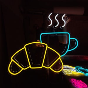 Croissant and coffee neon sign, breakfast led neon sign, bakery neon lights, baking light up sign, cafe decor, cup of tea sign