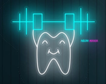 Letrero de neón de diente, diente fuerte levanta mancuerna, neón LED, diente con aparatos dentales, decoración de pared con luz de dentista, letrero de clínica dental