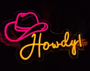 Howdy neon sign, led cowboy hat sign, western led sign, North American greeting neon light, light up cowboy party decor signs