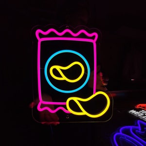 Chips neon sign, crisps led light, potato chips bag neon light, chips pocket light sign, fast food led sign