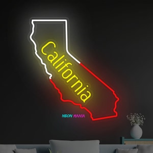 Letrero de neón del mapa de California: estado en el oeste de los Estados Unidos. Luz LED campestre personalizada para decoración del hogar