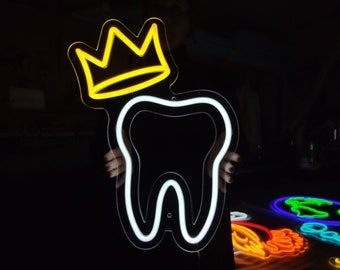 Tooth neon sign, tooth with a crown led neon, medicine led light, dentist night light wall decor, dental clinic sign, molar led sign