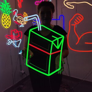 Neonowe znaki soku, znaki LED na kartonie soku, światło LED na pudełku tekturowym, neonowe znaki LED na opakowaniu soku, niestandardowa dekoracja ścienna