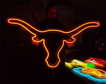 Longhorn Bull neon sign, Bull head led neon, Longhorn head skull light sign, Bull skull sign, Texas western led light