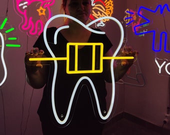 Tooth with a brace neon sign, teeth braces led neon, dental braces led light, dental clinic sign, custom orthodontist sign