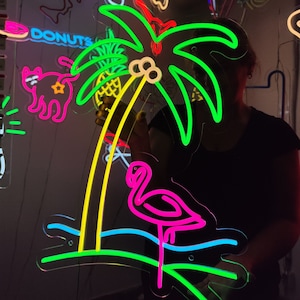 Flamingo under a palm tree neon sign, flamingo on the island led light sign, island led neon, custom palm light sign, plant neon light