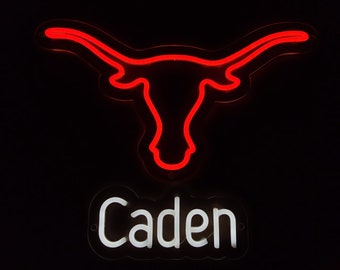 Longhorn Bull neon sign, customized Bull head and Your Name led neon, personalized gift Longhorn head skull and name light sign