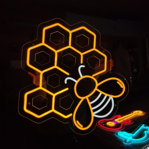 Letrero de neón con forma de panal, luz de neón LED con forma de abeja, luz nocturna LED con forma de abeja para dormitorio, regalos para amantes de las abejas, regalo de arte para decoración de pared para apicultores.