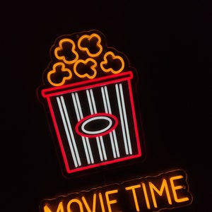 Popcorn neon sign, Movie time led sign, film neon, cinema lights, popcorn bucket led light