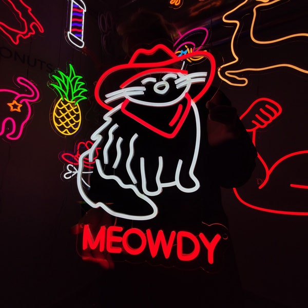 Cat in a cowboy hat neon sign, meowdy neon led sign, cowboy cat led sign, western decor led light, cowboy hat neon light, cowboy party decor