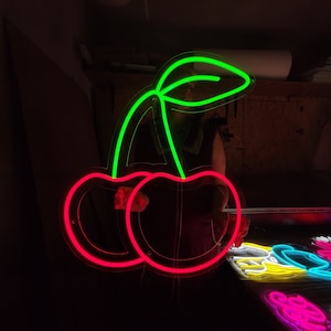 Сherry neon sign, fruit neon light for kitchen decor, custom berries led light sign