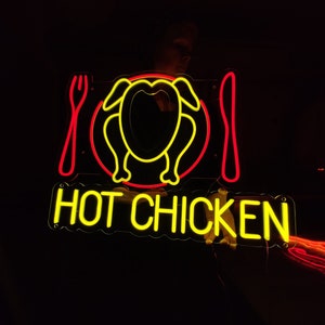 Hot chicken neon sign, chicken on the plate led light, roast chicken neon lights, baked chicken bespoke led sign, grilled chicken neon