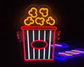 Popcorn neon sign, Movie time led sign, film neon, cinema lights, popcorn bucket led light