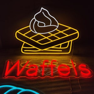 Letrero de neón de waffles: ilumina tu cafetería. Letrero de led de waffles belgas. Letrero de neón de comida personalizado, letrero de luz de comida callejera.