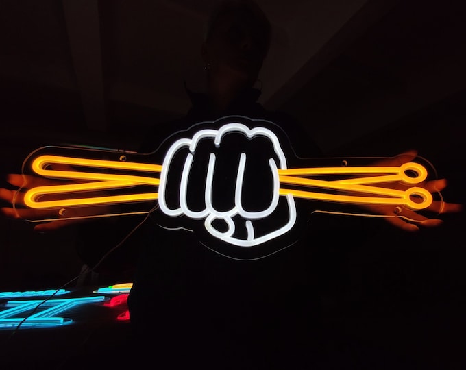 Percussion mallets in a hand neon sign, drum mallets led light, beaters light sign, music teacher gift, custom musical instrument sign
