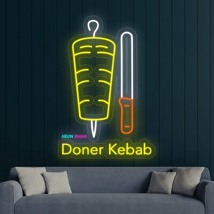 Doner Kebab neon sign, meat with knife neon light, shawarma led light, kebab led sign, fast food sign, street food light sign