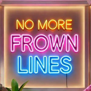 以下が含まれることがあります： 黄色、ピンク、青色の「NO MORE FROWN LINES」というネオンサイン。 サインは壁に取り付けられ、その前にピンクの椅子と鉢植えの植物があります。 部屋はモダンでスタイリッシュなデザインです。