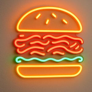 May include: A neon sign in the shape of a hamburger. The top and bottom buns are outlined in orange, with a wavy red and orange filling and a green wavy line. The sign is mounted on a light-colored wall.