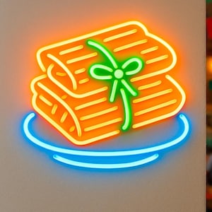Puede incluir: Letrero de neón que representa dos tamales apilados, atados con un lazo verde, sobre un plato azul. Los tamales son naranjas con contornos amarillos, y el plato tiene un brillo de neón azul. El letrero está montado en una pared neutra.