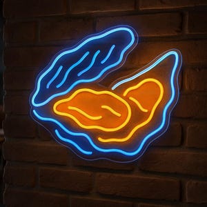 Fisch Leuchtreklame. Muschel, Auster LED-Dekor. Seafood Restaurant Neon Dekor.