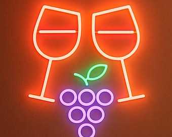 May include: Neon sign depicting two wine glasses, a bunch of grapes, and a leaf. The glasses and leaf are outlined in orange and green, while the grapes are purple. The sign is mounted on a brown wall.