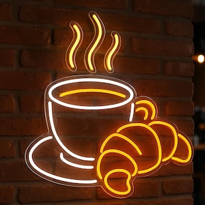 Croissant Neon Sign. LED Cafe Decor. Croissant with Coffee Light Sign. Croissant with Filling LED Sign.