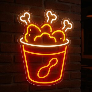 Fried Huhn Leuchtreklame. LED Restaurant Decor. Hähnchenflügel, Hähnchenbeine LED Wanddekor